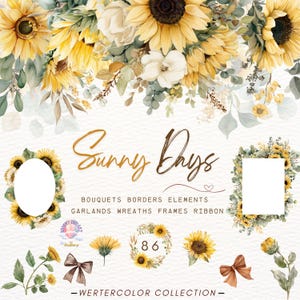 May include: A watercolour floral design with sunflowers, white flowers, and foliage. The text "Sunny Days" is in a script font. Additional elements include bouquets, borders, frames, and ribbons. The text "-WERTERCOLOR COLLECTION-" is also displayed.