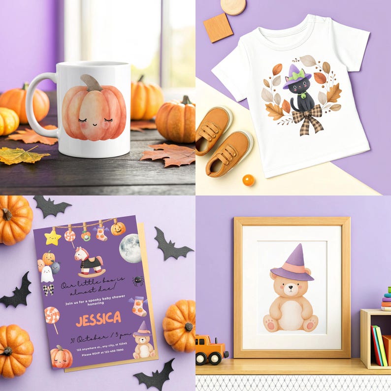 May include: A collection of Halloween-themed items, including a white mug with a pumpkin design, a white t-shirt with a black cat in a witch hat, a baby shower invitation, and a framed bear illustration. Pumpkins and fall leaves are scattered around.