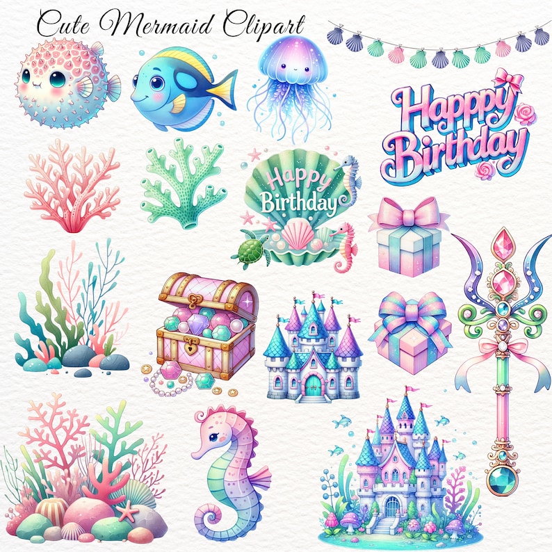 K&ouml;nnte beinhalten: Ein Set mit 14 digitalen Clipart-Bildern mit Meerjungfrauen-Motiv. Die Bilder beinhalten einen Kugelfisch, einen blauen Fisch, eine Qualle, ein Korallenriff, Seegras, eine Schatztruhe, ein Schloss, ein Seepferdchen, einen Dreizack, eine Geschenkbox und ein Geburtstagsbanner mit der Aufschrift "Happy Birthday".