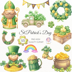 St Patricks Day Clipart,St. Paddy Clipart,Irish Clipart,Green St Patricks Day,Shamrock PNG,Four Leaf Clover PNG,Lucky,Digital Download