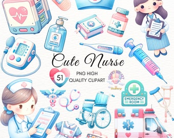May include: A set of 51 watercolor illustrations of a cute nurse, medical equipment, and supplies. The illustrations include a nurse with a stethoscope, a first aid kit, a wheelchair, a thermometer, a syringe, a bandage, a bottle of hand sanitizer, a heart monitor, a blood pressure cuff, crutches, and an ambulance. The illustrations are in a cartoon style and are perfect for use in a variety of projects, such as scrapbooking, card making, and digital design.