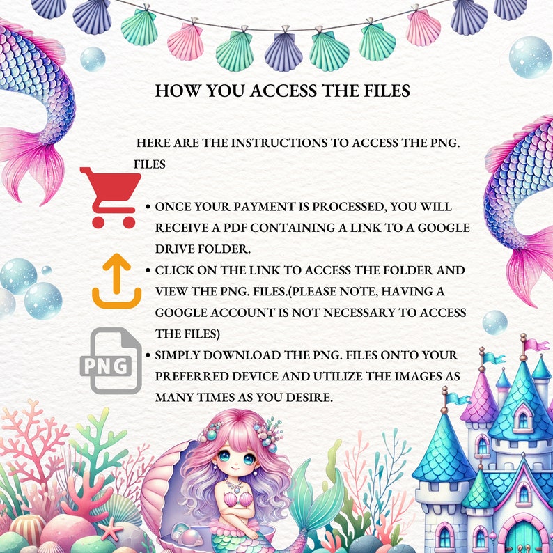 K&ouml;nnte beinhalten: Eine digitale Illustration einer Meerjungfrau mit rosa Haaren und einem blauen Schwanz, die auf einer rosa Muschel sitzt. Das Bild ist von rosa und gr&uuml;nen Muscheln und einem blauen Schloss umgeben. Der Text "HOW YOU ACCESS THE FILES" befindet sich oben im Bild. Der Text darunter erkl&auml;rt, wie man nach dem Kauf auf digitale Dateien zugreift.