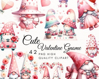 May include: A set of 42 Valentine's Day gnomes in various poses, including a gnome couple on a swing, a gnome holding a heart-shaped balloon, and a gnome driving a red car. The gnomes are all wearing pink and red clothing and have white beards. The gnomes are surrounded by hearts, flowers, and other Valentine's Day decorations.  The text "Cute Valentine Gnome" and "PNG High Quality Clipart" is included in the image.