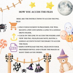 May include: A whimsical Halloween-themed graphic with instructions on how to access PNG files. The image features a shopping cart, an upward arrow, and a PNG logo. Decorative elements include a spider, a lollipop, and a teddy bear wearing a witch hat.