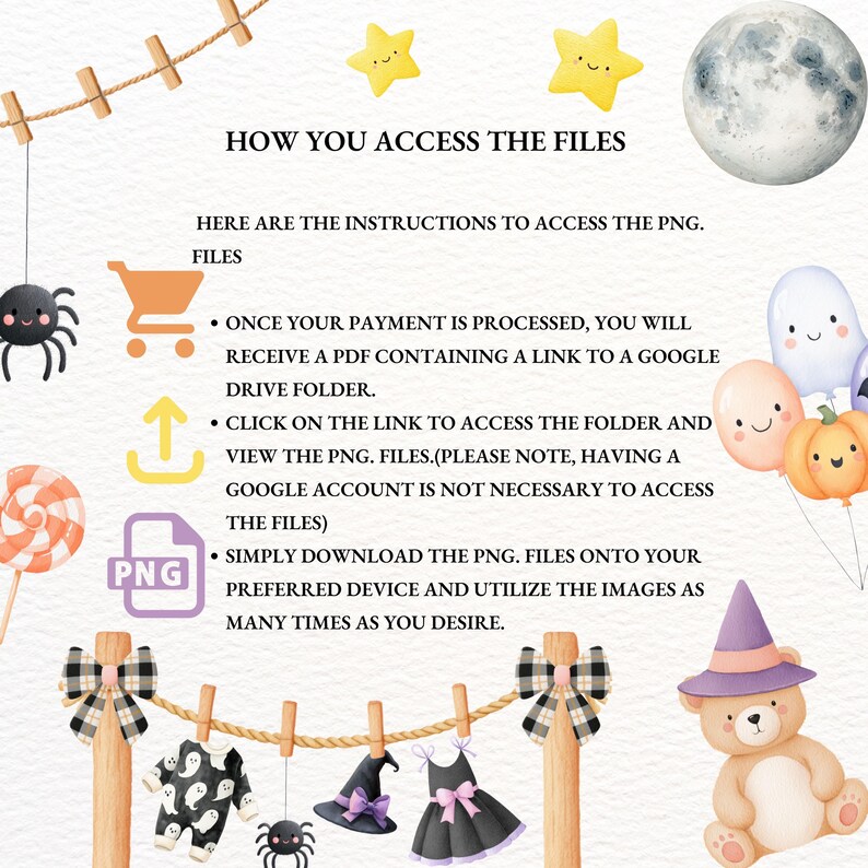 May include: A whimsical Halloween-themed graphic with instructions on how to access PNG files. The image features a shopping cart, an upward arrow, and a PNG logo. Decorative elements include a spider, a lollipop, and a teddy bear wearing a witch hat.