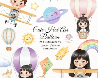 Hot Air Balloon Clipart, Kids Airplane, Nursery Art (Digital Download)
