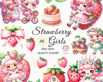 Strawberry Girls Clipart,Strawberry PNG,Strawberry Shortcake,Strawberry Birthday Invitation for Girls,Girls Clipart,Strawberry Theme,Crafts