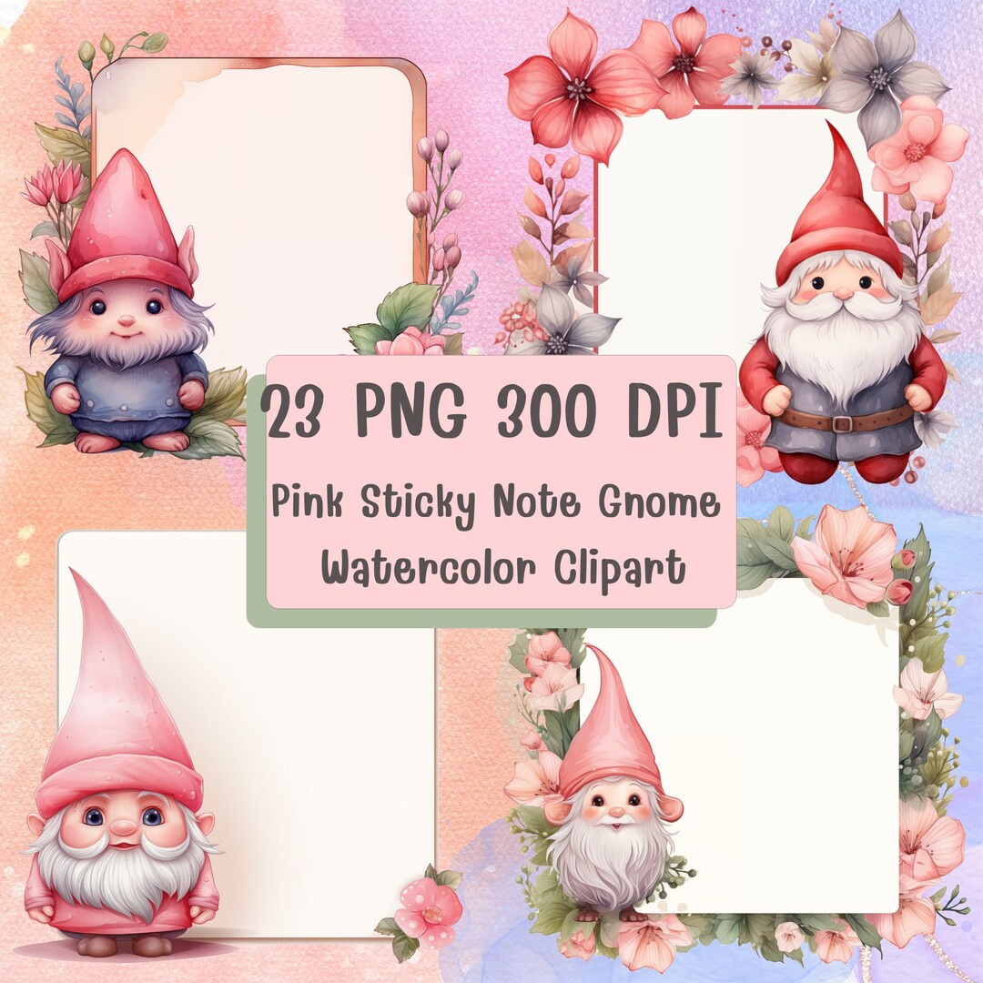 Pink Sticky Note Gnome Watercolor Clipartgnome Flower Wreath Etsy