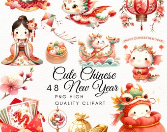 Cute Chinese New Year Watercolor Clipart,Chinese New Year clipart,Traditional Chinese Decor,Chinese dragon clipart,year of dragon