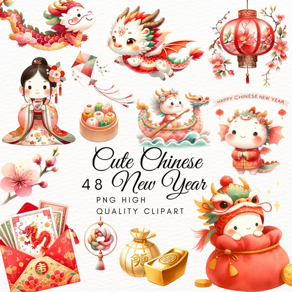 Cute Chinese New Year Watercolor Clipart,Chinese New Year clipart,Traditional Chinese Decor,Chinese dragon clipart,Year of the Dragon 2024