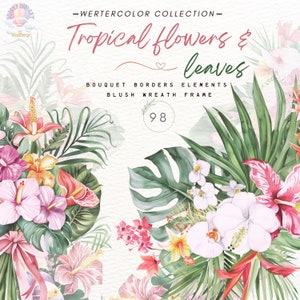 Watercolor Tropical flowers and leaves clipart,tropical flower clipart,Summer Clipart,Frame,Bush,Bouquet,Wreath,Border,Hibiscus,Digital PNG