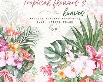 Watercolor Tropical flowers and leaves clipart,tropical flower clipart,Summer Clipart,Frame,Bush,Bouquet,Wreath,Border,Hibiscus,Digital PNG