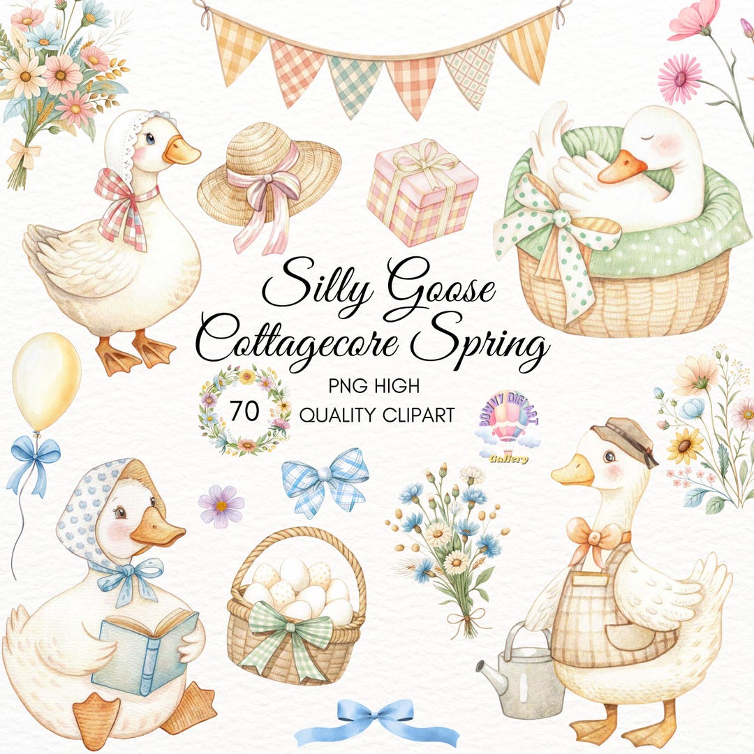 Silly Goose Clipart,spring Vintage Cottagecore,watercolor Goose Png ...