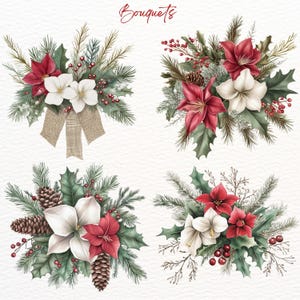 May include: Four watercolour illustrations of Christmas bouquets with red poinsettia flowers, white flowers, pine branches, holly, berries, and pine cones. The bouquets are arranged in a square format.