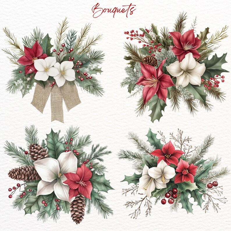 May include: Four watercolour illustrations of Christmas bouquets with red poinsettia flowers, white flowers, pine branches, holly, berries, and pine cones. The bouquets are arranged in a square format.