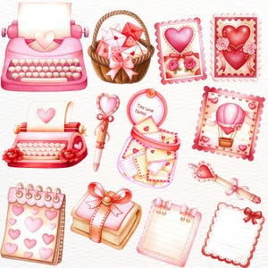 May include: Watercolor illustrations of Valentine's Day-themed items. Includes pink typewriters, a basket of envelopes, heart-shaped cards, a jar of notes, pens, a calendar, and a notepad. The items are decorated with hearts, bows, and floral accents.
