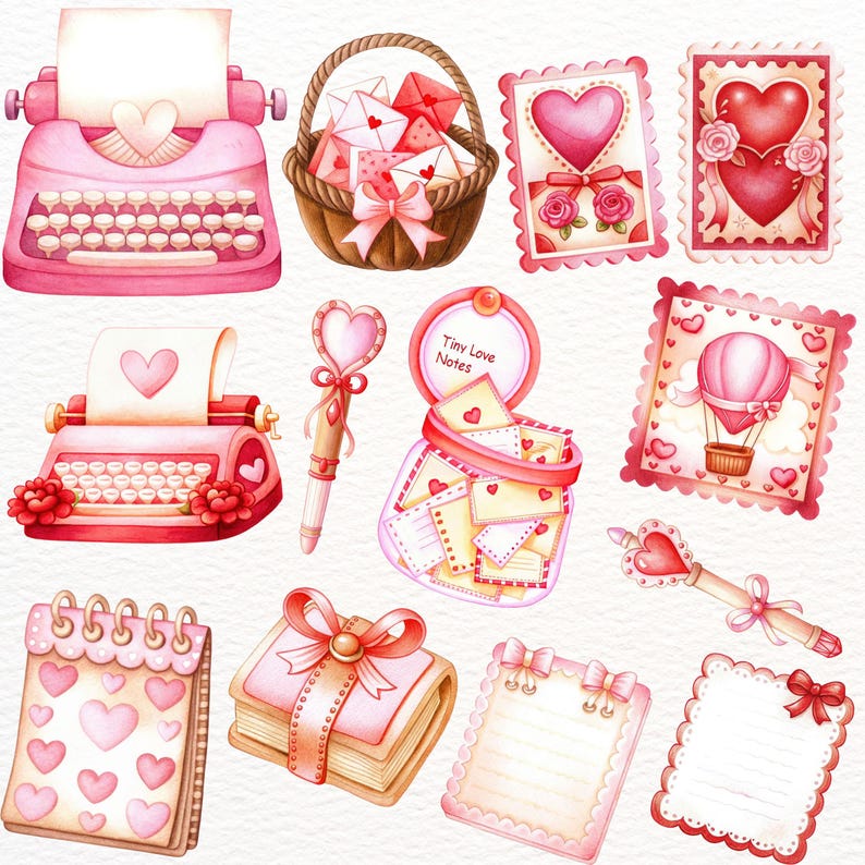 May include: Watercolor illustrations of Valentine's Day-themed items. Includes pink typewriters, a basket of envelopes, heart-shaped cards, a jar of notes, pens, a calendar, and a notepad. The items are decorated with hearts, bows, and floral accents.