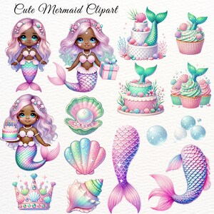 K&ouml;nnte beinhalten: Ein Set digitaler Cliparts mit niedlichen Meerjungfrauen mit rosa und violettem Haar, Muscheln, Kuchen, Cupcakes und Blasen. Die Meerjungfrauen tragen Muschel-BHs und Perlenketten. Die Kuchen und Cupcakes sind mit Muscheln und Perlen verziert. Die Blasen sind blau und wei&szlig;.