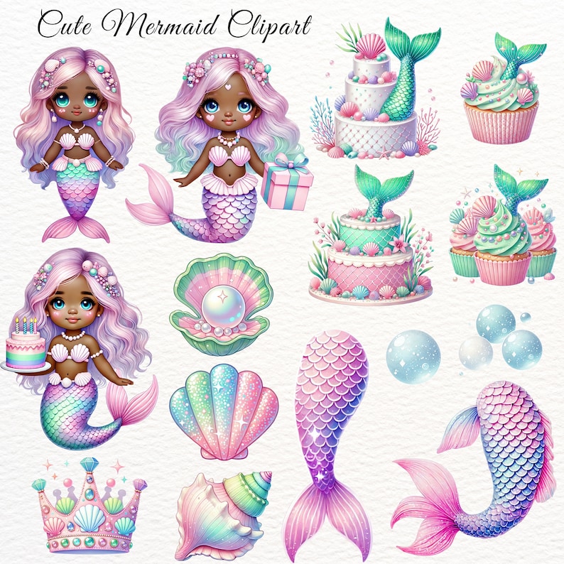 K&ouml;nnte beinhalten: Ein Set digitaler Cliparts mit niedlichen Meerjungfrauen mit rosa und violettem Haar, Muscheln, Kuchen, Cupcakes und Blasen. Die Meerjungfrauen tragen Muschel-BHs und Perlenketten. Die Kuchen und Cupcakes sind mit Muscheln und Perlen verziert. Die Blasen sind blau und wei&szlig;.