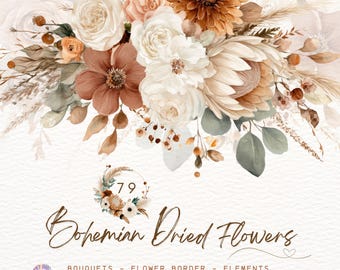 Boho Dried Flowers Clipart,Autumn flowers clipart,Dried Wild Flowers,Terracotta, Wedding Graphics,Floral Borders,Boho Meadow,Premade Clipart