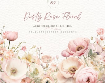 Dusty Rose Floral Clipart,Watercolor Flower,PNG Watercolor Rose,Rose Border Clipart PNG,wreath,bouquet,Flowers Digital Paper,Wedding Clipart