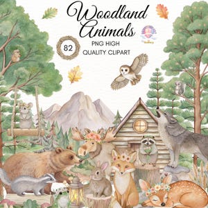 Aquarel bosdieren clipart, bosdier png, boho Woodland babyshower, bloemenbossen, kwekerij clipart, beer, eland, digitale download