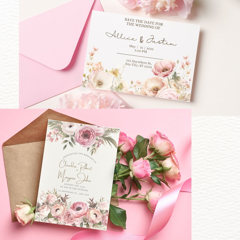 May include: Two wedding invitations with floral designs. The save the date card says "Save the Date for the Wedding of Allice & Justin" with the date May 31, 2025 at 5:00 PM and the address 123 Anywhere St, Any City, ST 12345. The wedding invitation says "Announcing the Marriage of Claudia + Robert Megan John" with the date August 17th, 2024 at 5:00 in the evening and the address 123 Anywhere St., Any City.