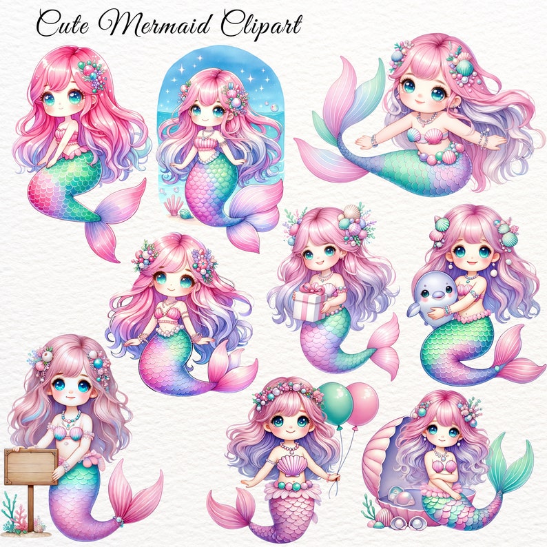 K&ouml;nnte beinhalten: Ein Set mit zehn digitalen Clipart-Bildern, die niedliche Cartoon-Meerjungfrauen mit rosa Haaren, bunten Schw&auml;nzen und verschiedenen Accessoires zeigen. Die Meerjungfrauen sind in verschiedenen Posen, einige halten Geschenke, Ballons oder einen Delfin.