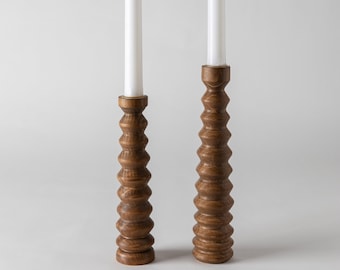 Candlesticks IKARIA Brown | Set of 2 Candlesticks | Wooden Candlestick Holder | Wood Pillar Candle holders | Wood Modern Candle Holders