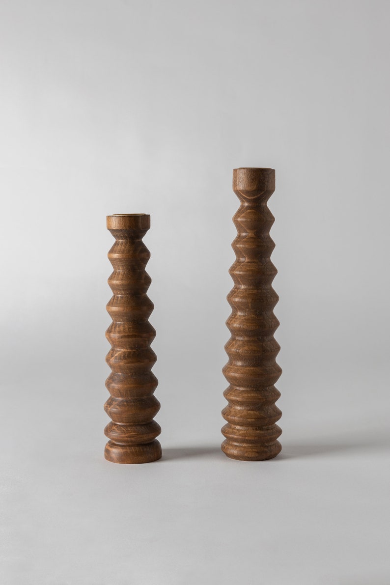 Candlesticks IKARIA Brown | Set of 2 Candlesticks | Wooden Candlestick Holder | Wood Pillar Candle holders | Wood Modern Candle Holders