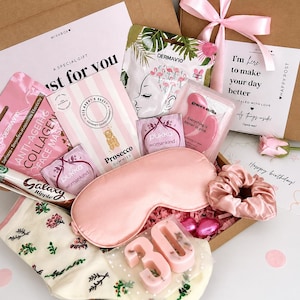 Personalised birthday gift box for her with 30th birthday card, beauty treats, sweets and cosy accessories