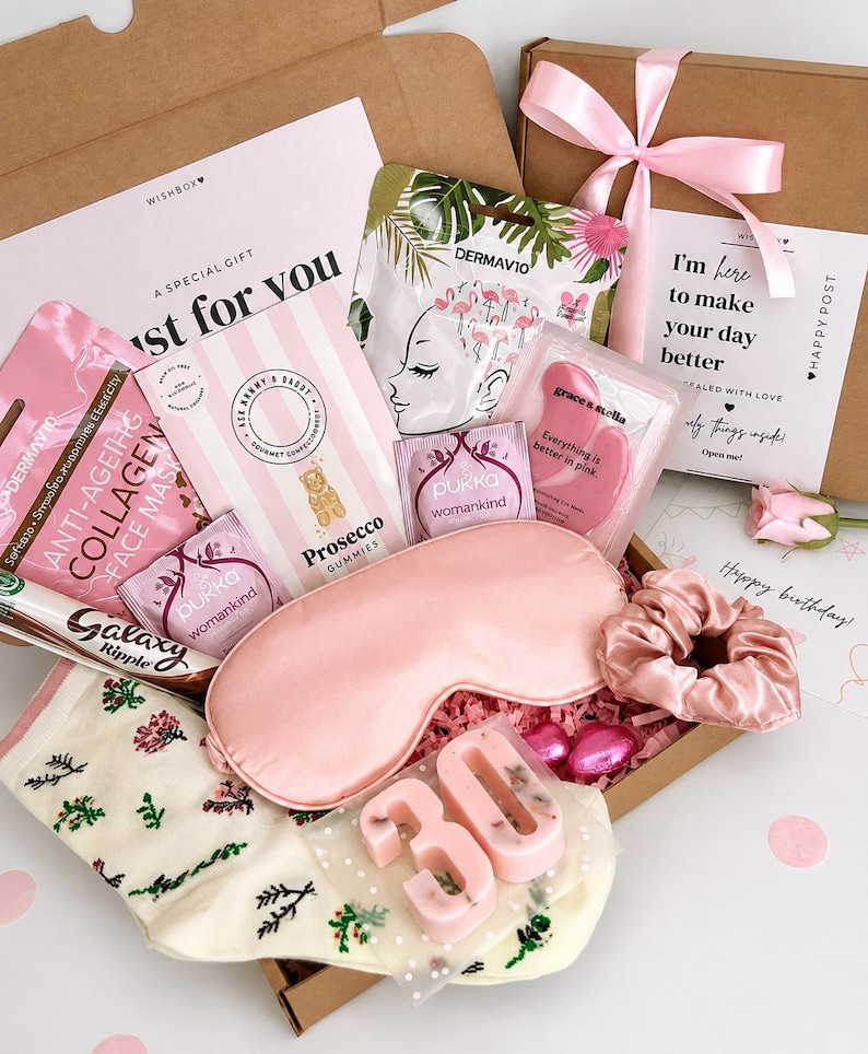 Personalised birthday gift box for her with 30th birthday card, beauty treats, sweets and cosy accessories