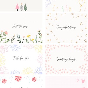 May include: Eight different greeting card designs with various illustrations and text. The cards feature festive themes like Christmas, birthday, congratulations, and sending hugs. The illustrations include Christmas trees, stars, hearts, and gingerbread people.