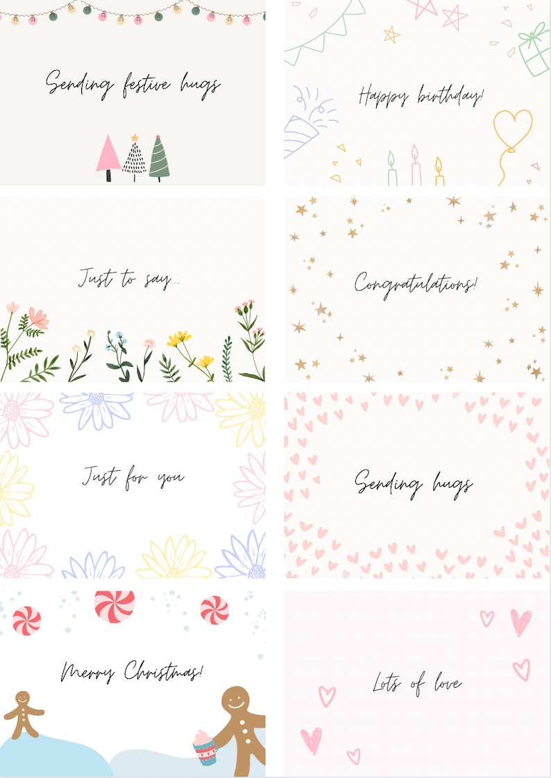 May include: Eight different greeting card designs with various illustrations and text. The cards feature festive themes like Christmas, birthday, congratulations, and sending hugs. The illustrations include Christmas trees, stars, hearts, and gingerbread people.