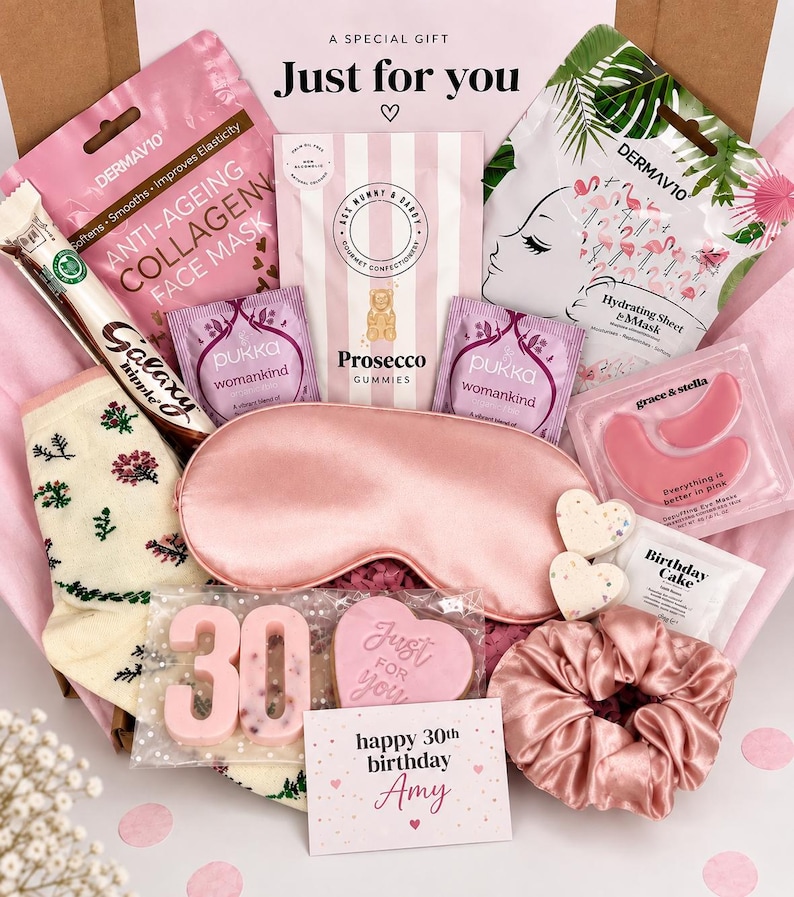 30th birthday gift for her with pamper treats, pink sleep mask and personalised 30th birthday card