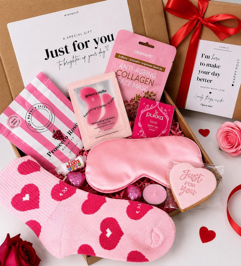 Women’s 30th birthday pamper gift box with satin eye mask,heart socks, skincare and a vegan cookie treat