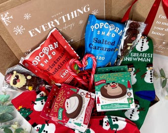 Christmas Treat Box for Couples: Festive Socks, Popcorn & Hot Chocolate