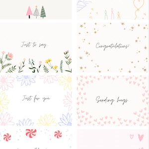 May include: Eight different card designs with various illustrations and text. The cards feature festive themes such as Christmas, birthday, congratulations, and sending hugs. The illustrations include Christmas trees, stars, hearts, and gingerbread people.