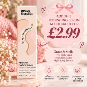 May include: A rectangular box of Grace & Stella Holy Grail Hyaluronic Acid ultra-hydrating serum. The packaging is light pink with abstract shapes and text including Say hi to hydration and Net Wt. 17.5 ml / 0.59 fl. oz. Icons indicate intense hydration, plumping, and fast absorption.