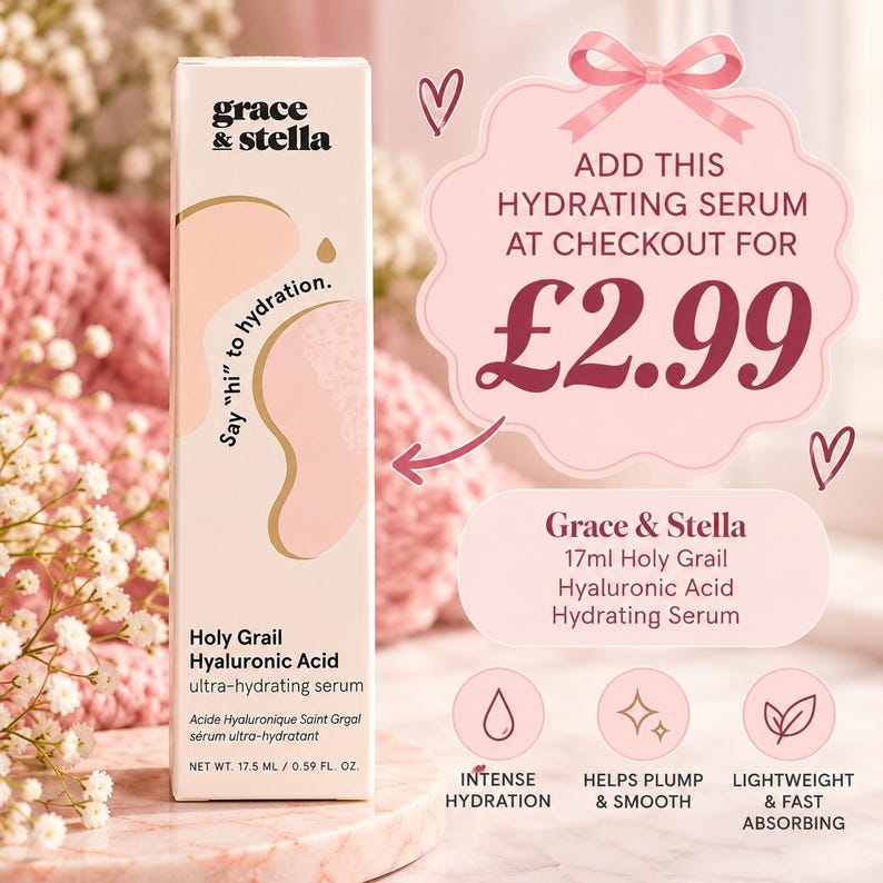 May include: A rectangular box of Grace & Stella Holy Grail Hyaluronic Acid ultra-hydrating serum. The packaging is light pink with abstract shapes and text including Say hi to hydration and Net Wt. 17.5 ml / 0.59 fl. oz. Icons indicate intense hydration, plumping, and fast absorption.