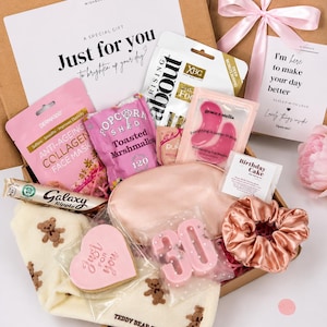 30th pamper hamper with personalised 30th gifts inside and 30th birthday card