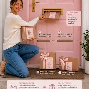 Personalised 30th birthday gift boxes for her with Happy 30th Birthday card and pamper treats, being posted through letterbox