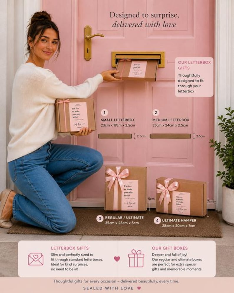 Personalised 30th birthday gift boxes for her with Happy 30th Birthday card and pamper treats, being posted through letterbox