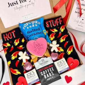 Mens Valentines Day Gift Box, Hot Socks, Coffee, Tea, Candle, Cookie