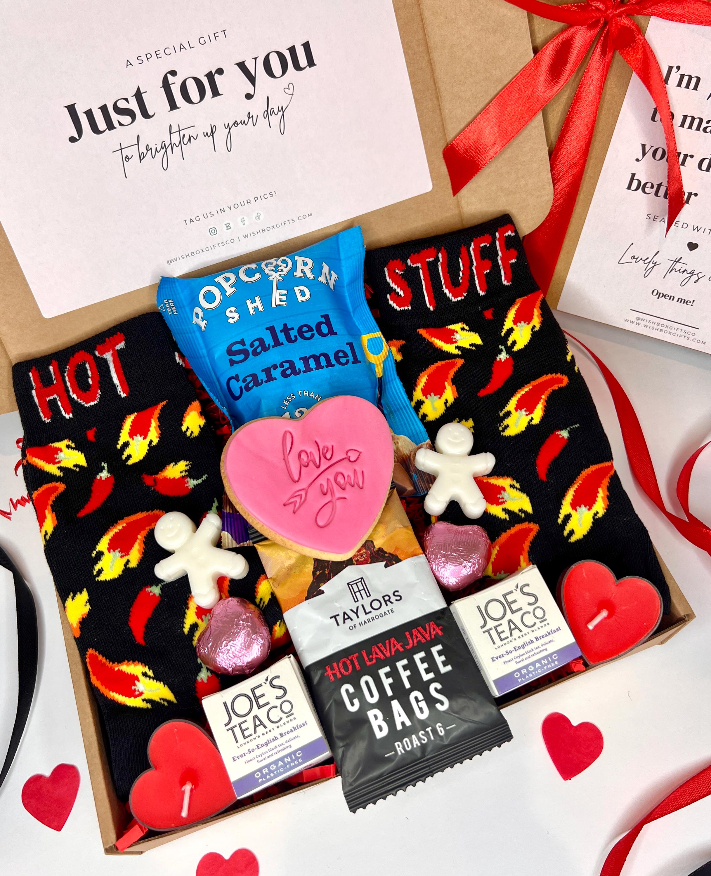 Mens Valentines Day Gift Box, Hot Socks, Coffee, Tea, Candle