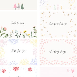 May include: A collection of eight rectangular greeting cards featuring various illustrations and text. Designs include festive trees, birthday motifs, floral borders, gold stars, colorful daisies, scattered hearts, peppermint candies, and gingerbread figures.