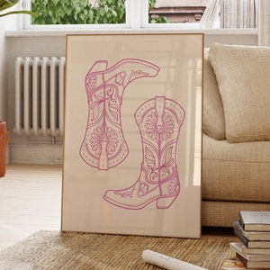 Impresión de botas de vaquera rosa, cartel rosa femenino, arte minimalista de la pared del sur, cartel de vaquera occidental vintage, impresión de arte retro, impresión digital