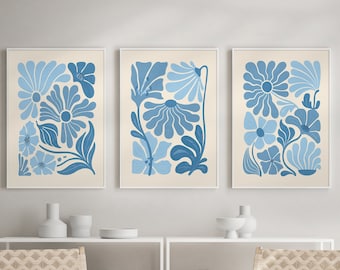 Blue Flower Market Set of 3 Prints, Blue Wall Decor, Flower Market Poster, Botanical Print Set, Minimalist Flower Print, Light Blue Wall Art