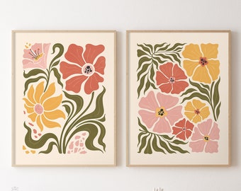 Boho Abstract Flowers Print Set of 2, Terracotta Prints, Floral Wall Art, Vintage Art Print, Boho Printable Art, Flower Market Poster