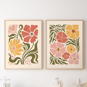 Conjunto de 2 impressões de flores abstratas Boho, impressões de terracota, arte de parede floral, impressão de arte vintage, arte imprimível Boho, pôster de mercado de flores